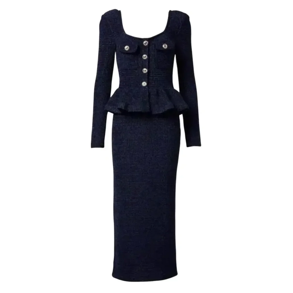 Self-Portrait Chic Navy Peplum Midi Dress Size M